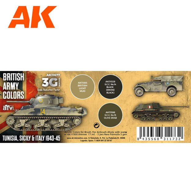 AK Interactive AK11677 - British Army Colors Tunisia, Sicily & Italy 1943-45, akriliniai dažai