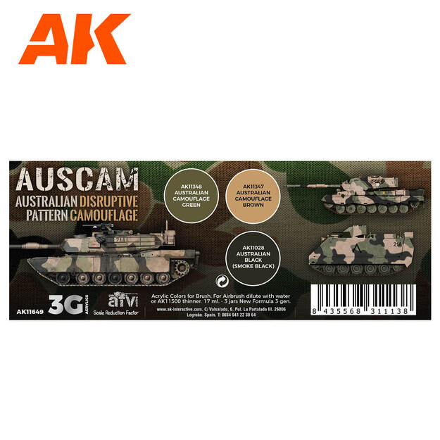 AK Interactive AK11649 - Auscam Colors Set 3G, akriliniai dažai