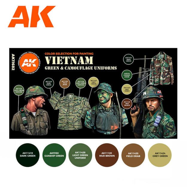 AK Interactive AK11682 - Vietnam Green And Camouflage Colors 3G, akriliniai dažai