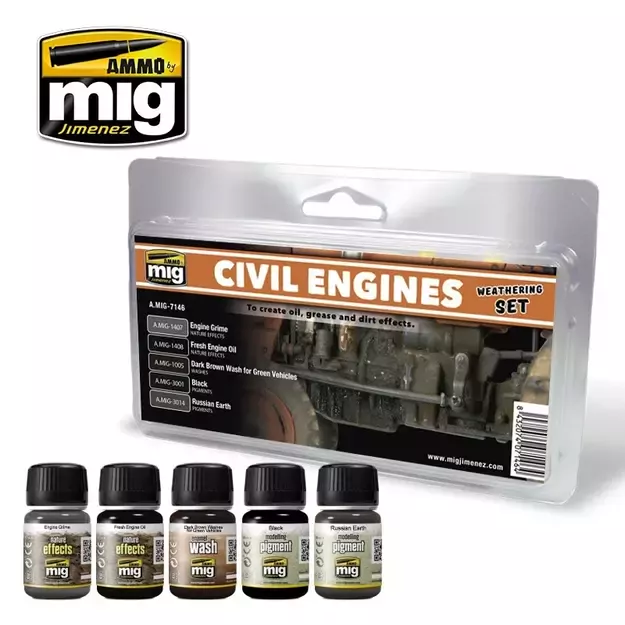 AMMO AMIG7146 – Civilian Engine Weathering Set (variklių sendinimo rinkinys, 5 vnt.)